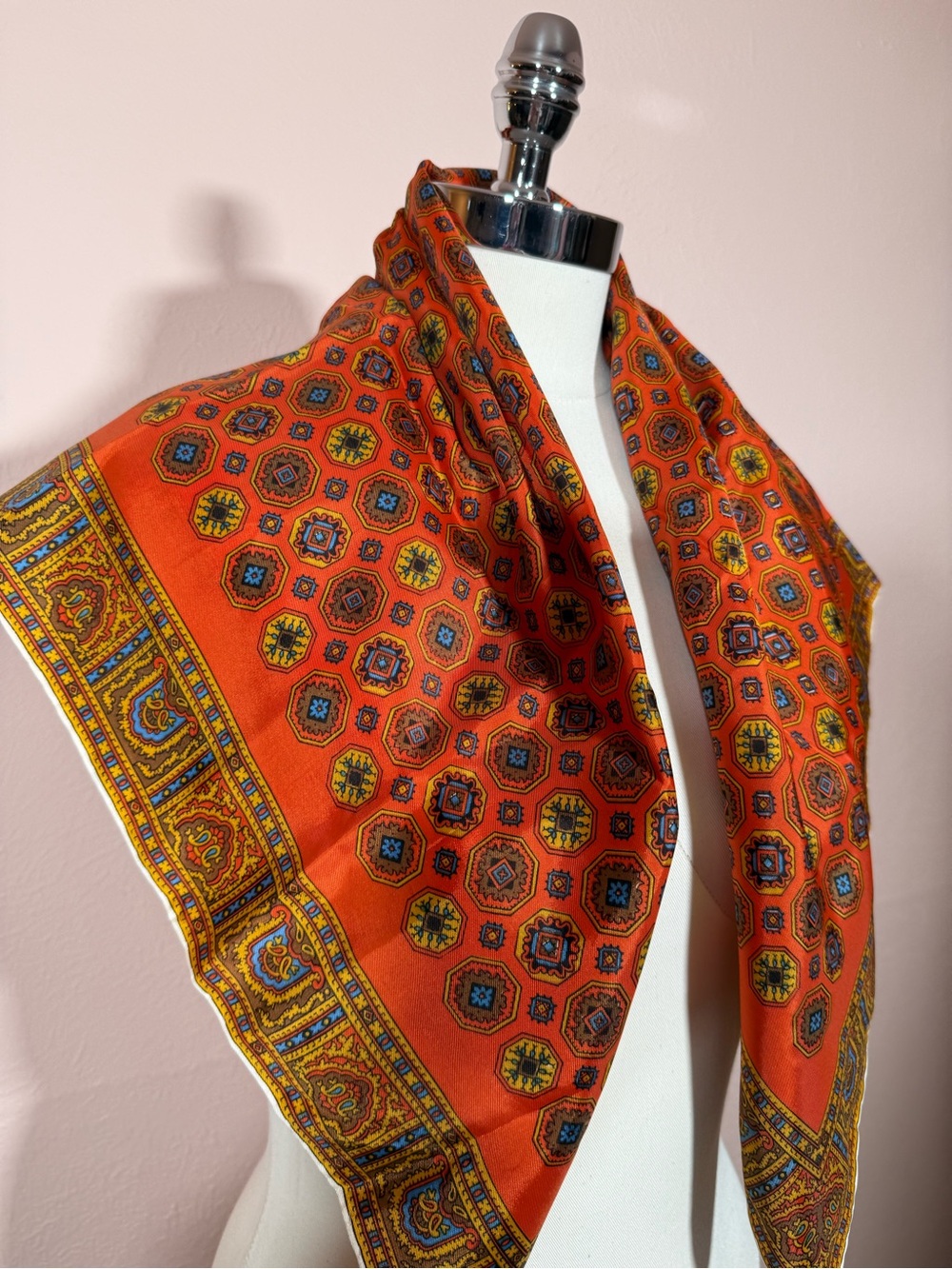 Vintage Art deco burnt orange blue geometric modernist square scarf